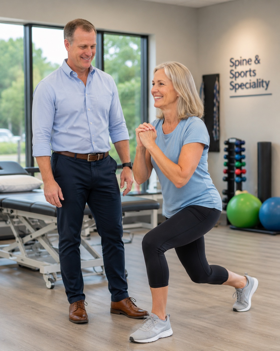 Jamie G. Smith guides a patient through a movement assessment in the clinic